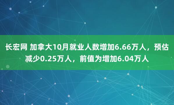 长宏网 加拿大10月就业人数增加6.66万人，预估减少0.25万人，前值为增加6.04万人